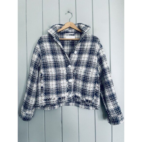 BlankNYC Once In A Lifetime Cropped Tweed Shacket S Small Blue Cream Brown - Picture 1 of 7